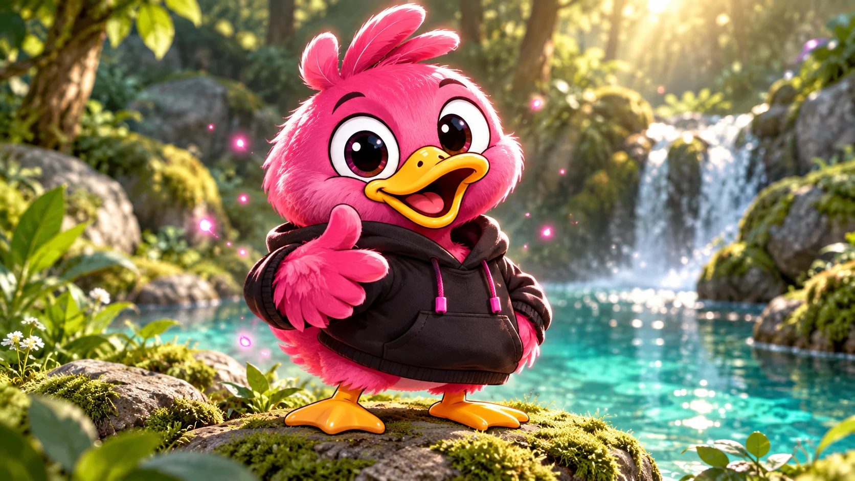 KI-generiertes Symbolbild: QUAKK als flauschiges pinkes Entenwesen im schwarzen Hoodie an einem Waldteich.